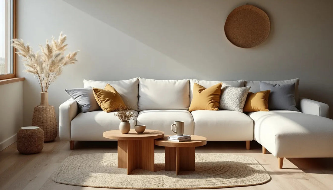 Create an image of a cozy living room featuring eight unique wooden coffee table designs. Each table should have its distinct style – include a rustic farmhouse table, a modern minimalist design, a vi