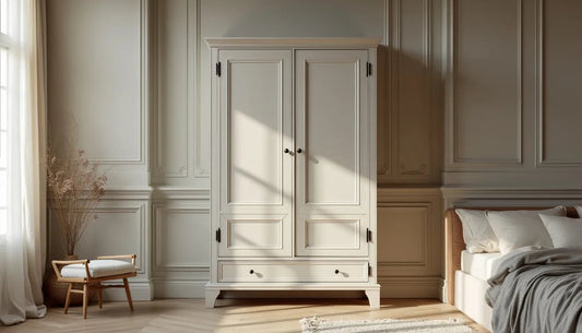 An elegant Parisian armoire displayed in a stylish, chic Parisian bedroom, featuring intricate details and ornate designs. The background showcases a cozy, well-decorated room with soft pastel colors,