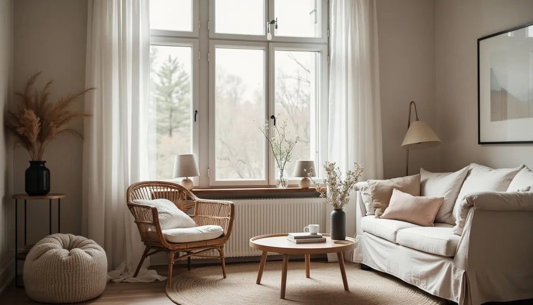 Create a cozy living room scene that embodies the essence of hygge decor, featuring soft textiles, warm lighting, minimalist furniture, and natural elements like plants and wood. Include a plush sofa