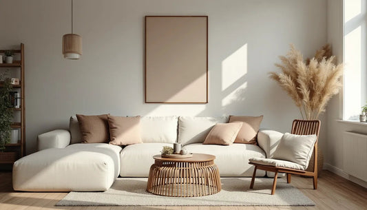 Create a serene and minimalist living room interior for the year 2025, featuring a modern twist on simplicity. Incorporate light wood furniture, neutral color palettes, and natural materials. Add larg