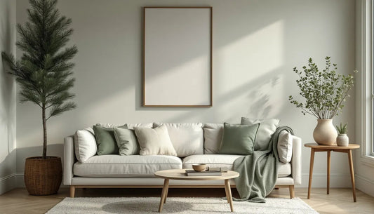 Create an artistic representation of an elegant living room interior, featuring a rich evergreen color palette. Include elegant furniture, tasteful decor, and lush green plants that complement the sha