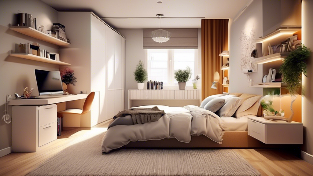 Create an image of a stylishly arranged small bedroom that combines modern design elements and efficient use of space. The room should feature a cozy bed with multifunctional furniture like a storage