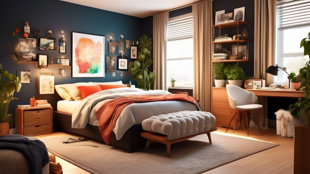 Create an artistic depiction of a small, stylishly arranged bedroom that maximizes space efficiency. The room should feature a cozy bed with elegant bedding, multifunctional furniture like a storage o