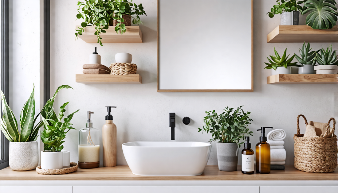 Create a visually stunning bathroom scene featuring a variety of creative decor ideas. Include elements like stylish wall art, unique shelving with potted plants, vibrant towels, elegant mirrors, deco