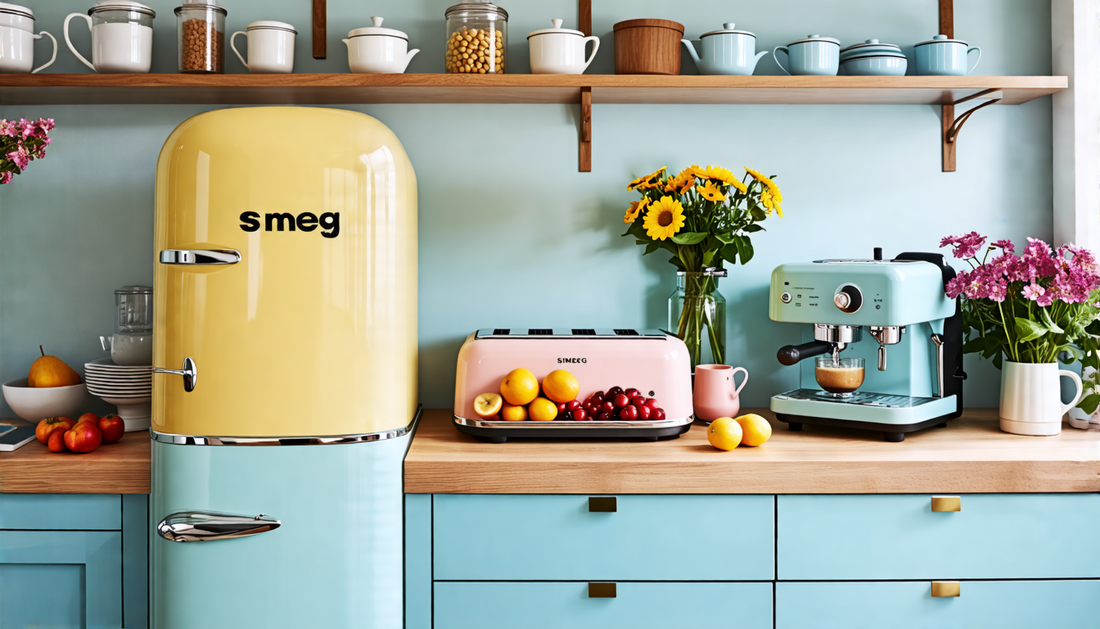 Create an aesthetically pleasing kitchen scene featuring a variety of Smeg home appliances, such as a retro-style refrigerator, pastel-colored toaster, and sleek espresso machine. The kitchen should h