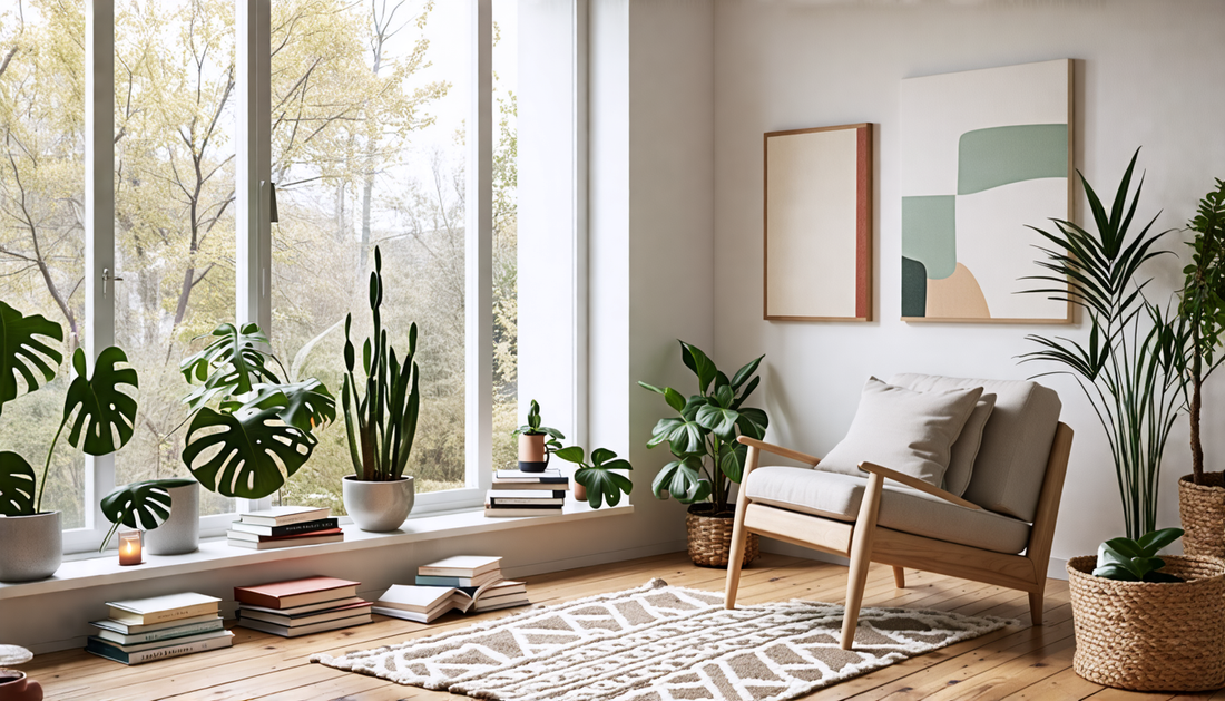 Create a beautifully designed Scandinavian interior space that showcases minimalistic furniture, warm wooden accents, and soft textiles. Include elements like large windows for natural light, indoor p