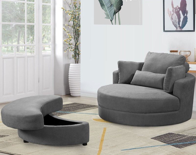 Modern Grey Sofa with a Storage and a Big Round Linen Fabric Chair for Lounge