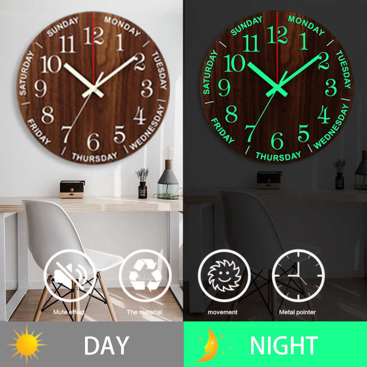 Wooden Luminous Wall Clock Decor