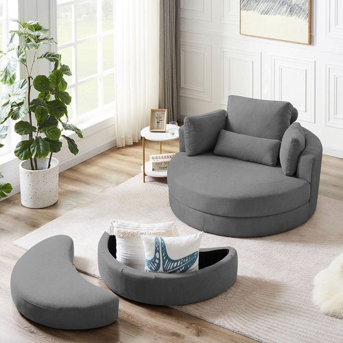 Modern Grey Sofa with a Storage and a Big Round Linen Fabric Chair for Lounge