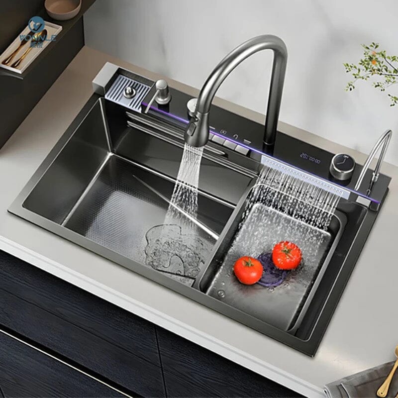 NYRA Stainless Steel Waterfall Kitchen Sink Digital Faucet