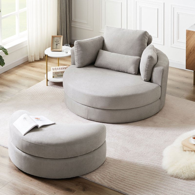 Modern Grey Sofa with a Storage and a Big Round Linen Fabric Chair for Lounge