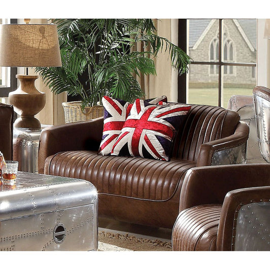 Brancaster Loveseat in Retro Brown Top Grain Leather and Aluminum