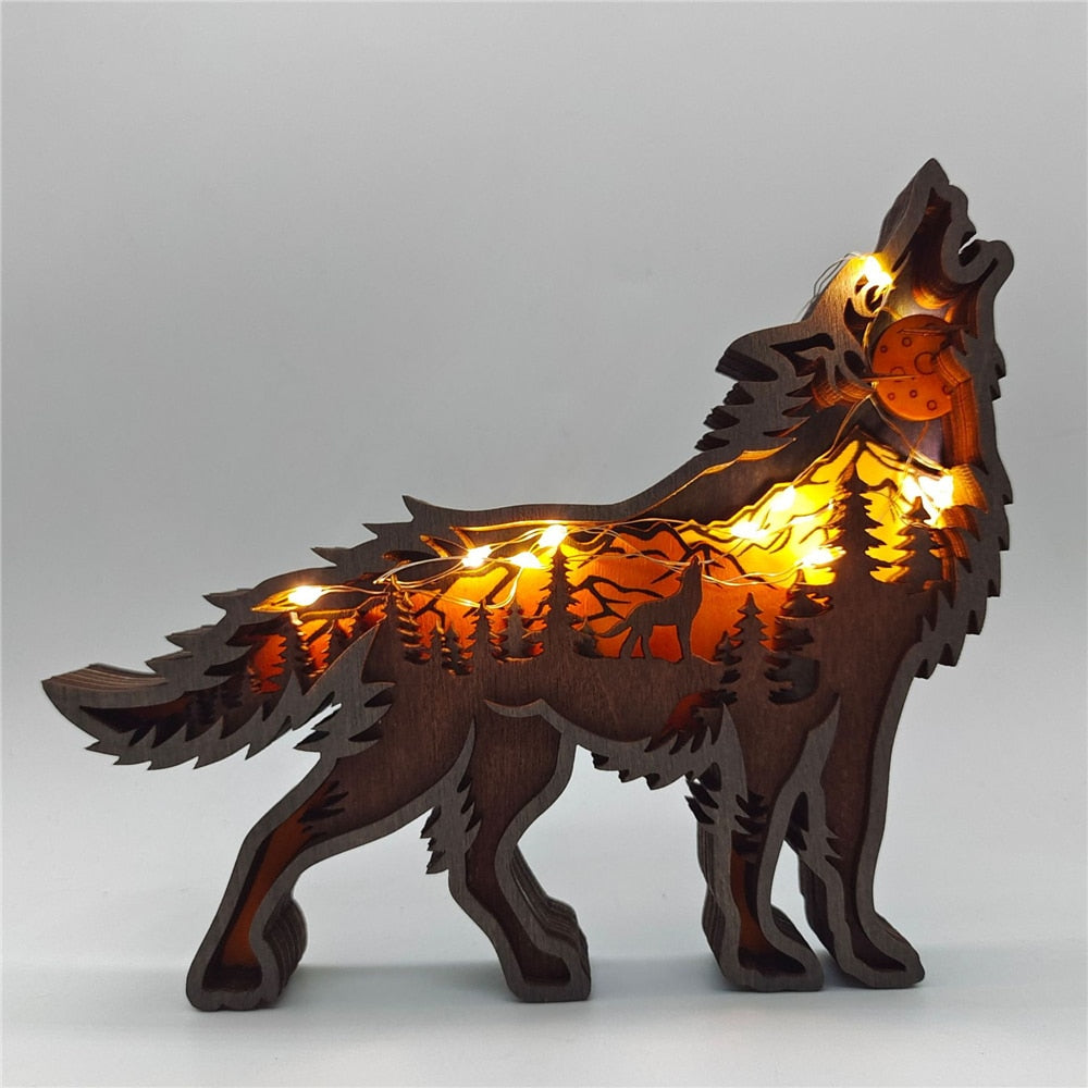 Wooden Hollow Wolf LED Statue