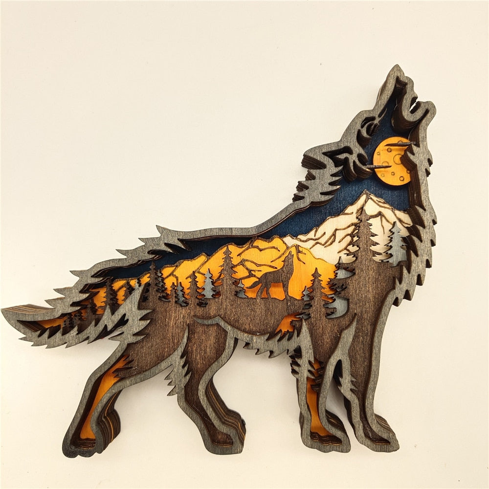 Wooden Hollow Wolf LED Statue