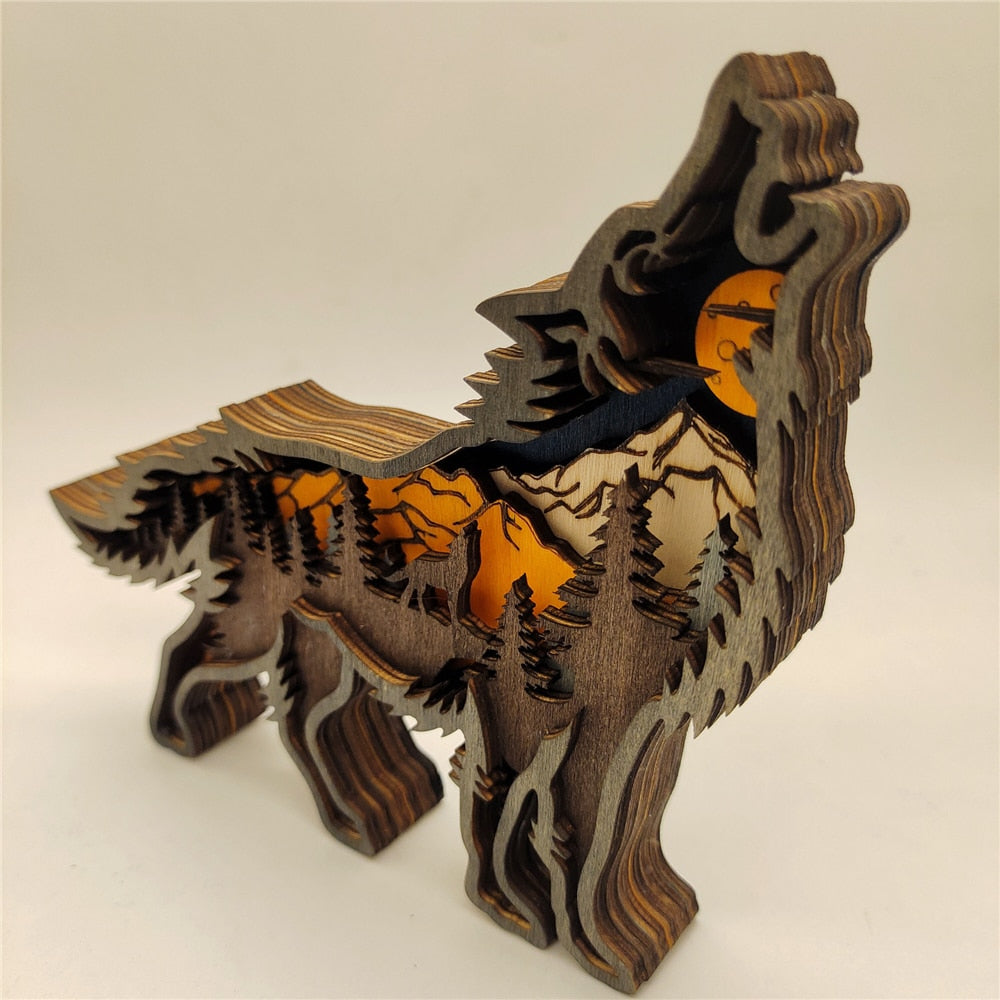 Wooden Hollow Wolf LED Statue