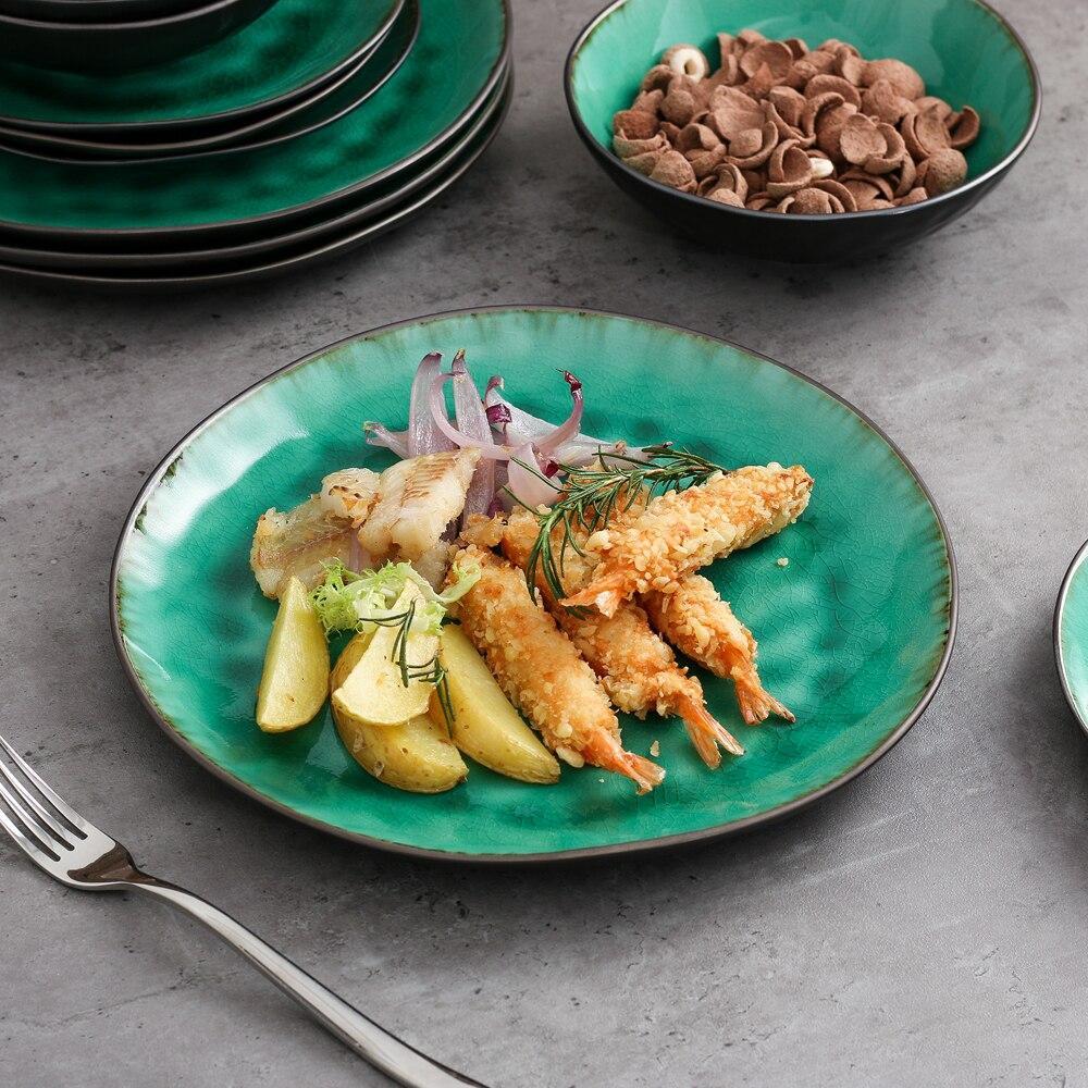 Radiante 24-Piece Pottery Stoneware Vintage Look Ceramic Green Dinnerware Set - Nordic Side - 24, Ceramic, Coco, Dinner, Dinnerware, Green, Look, Piece, PlateBowl, PlateDessert, Pottery, Set,