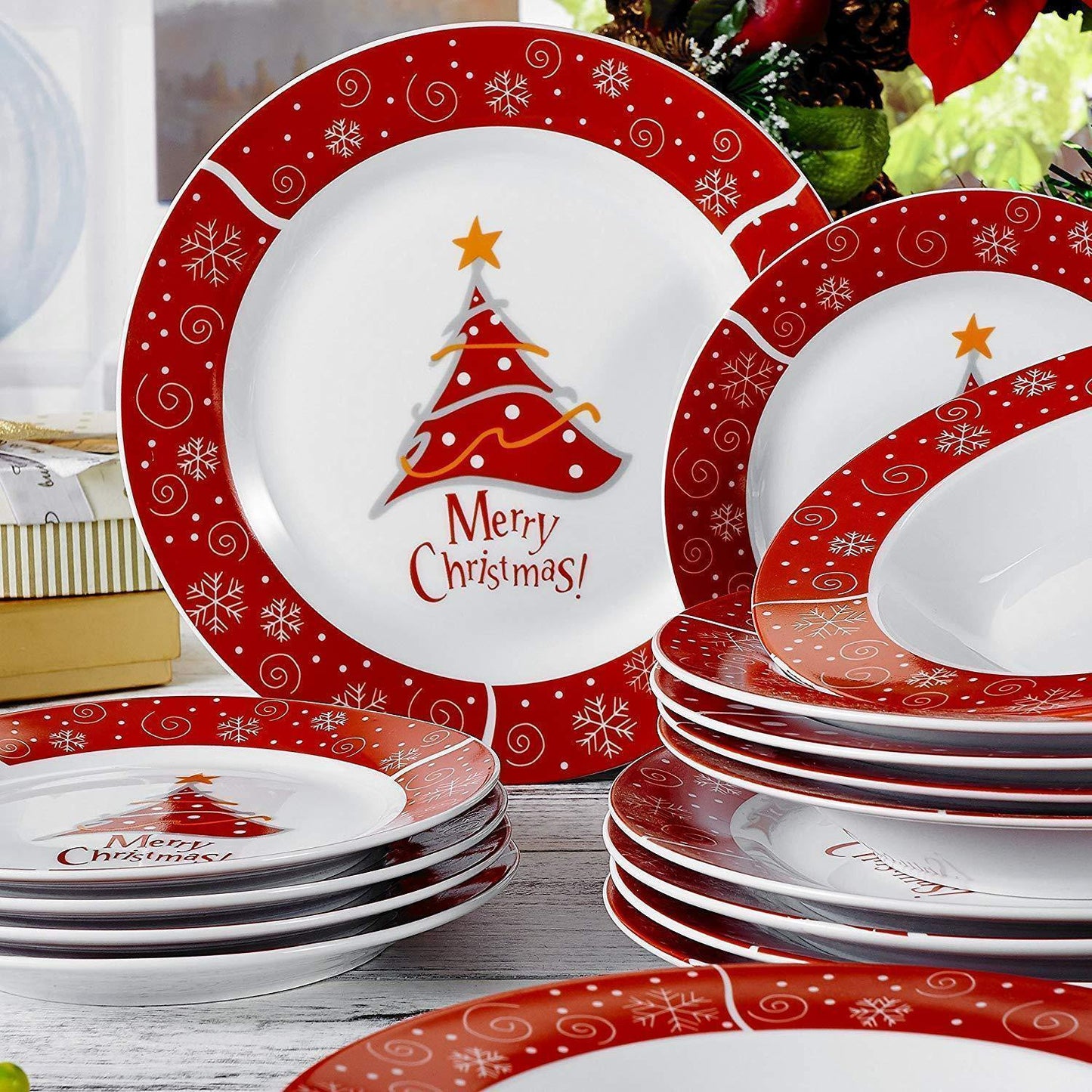 18-Piece Christmas Style Porcelain Ceramic Dinnerware Set Tableware with 6*Dessert Plate,Soup Plate and Dinner Plate Set - Nordic Side - 18, and, Ceramic, Christmas, Dessert, Dinner, Dinnerwa