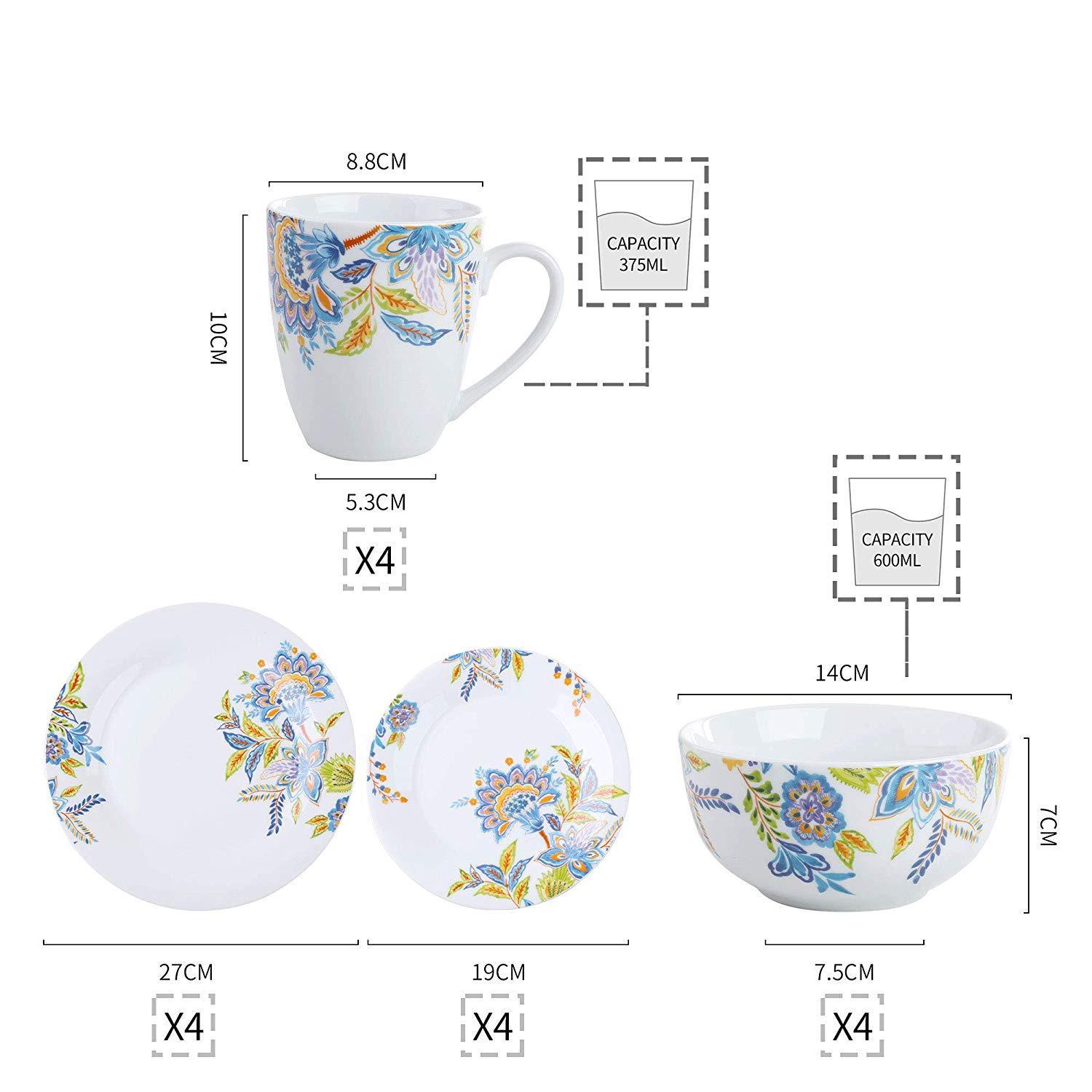 HALLIE 16-Piece Porcelain Ceramic Dinnerware Tableware Set with 4*Dinner Plate,Dessert Plate,Cereal Bowl,380ML Mug Set - Nordic Side - 16, 380, Bowl, Ceramic, Dinner, Dinnerware, HALLIE, ML, 