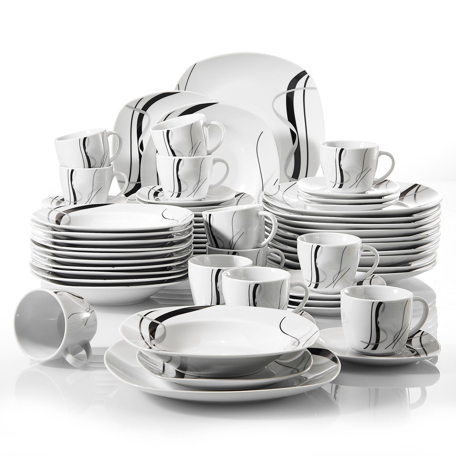 Fiona 60-Piece Porcelain Plate Combi-Set - Black Lines | Tableware | NordicAbode.com