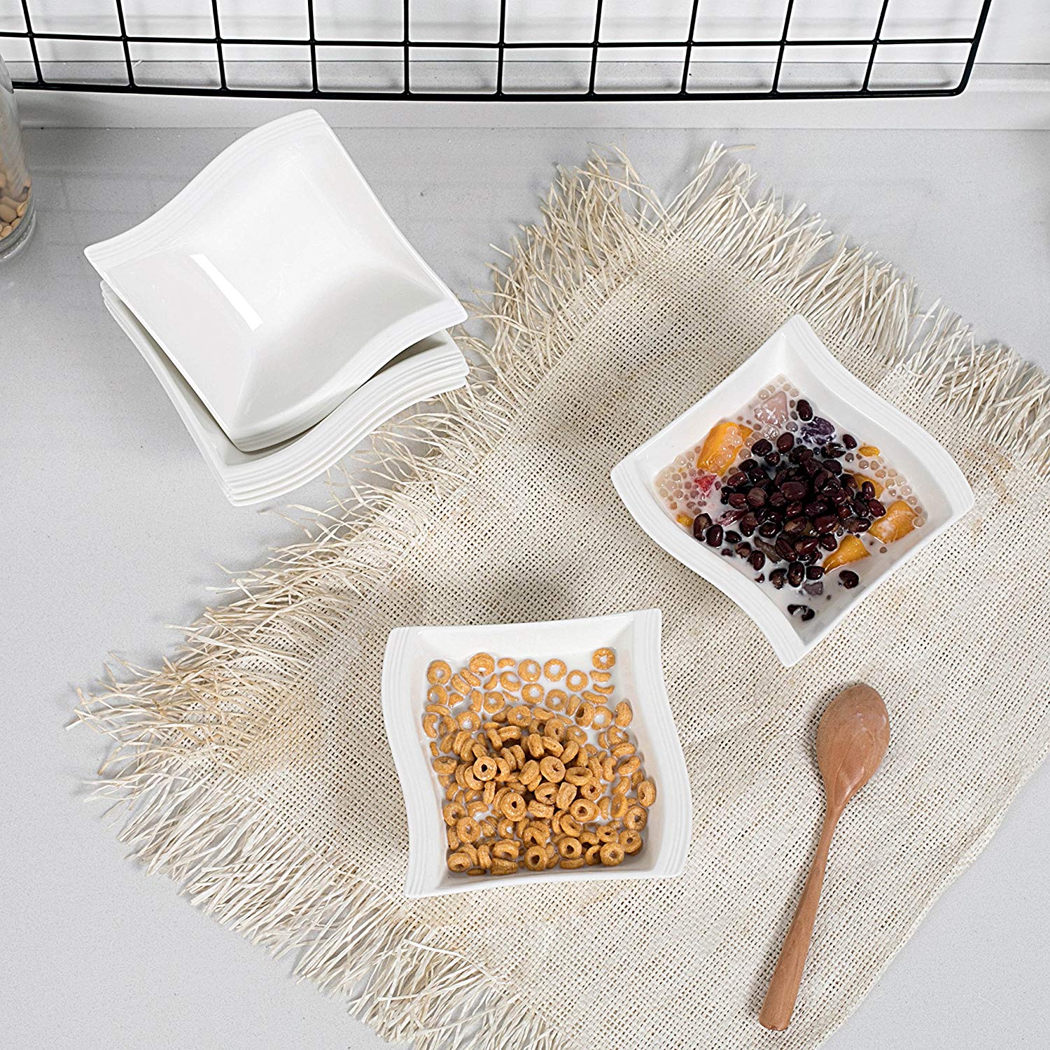 6-pieces 12 Ounce White Porcelain Square Soup Bowls - Nordic Side - 12, Bowl, Bowls, Breakfast, Cereal, Dinner, Dinnerware, Household, MALACASA, Oatmeal, Ounce, pieces, Porcelain, Sets, Soup,