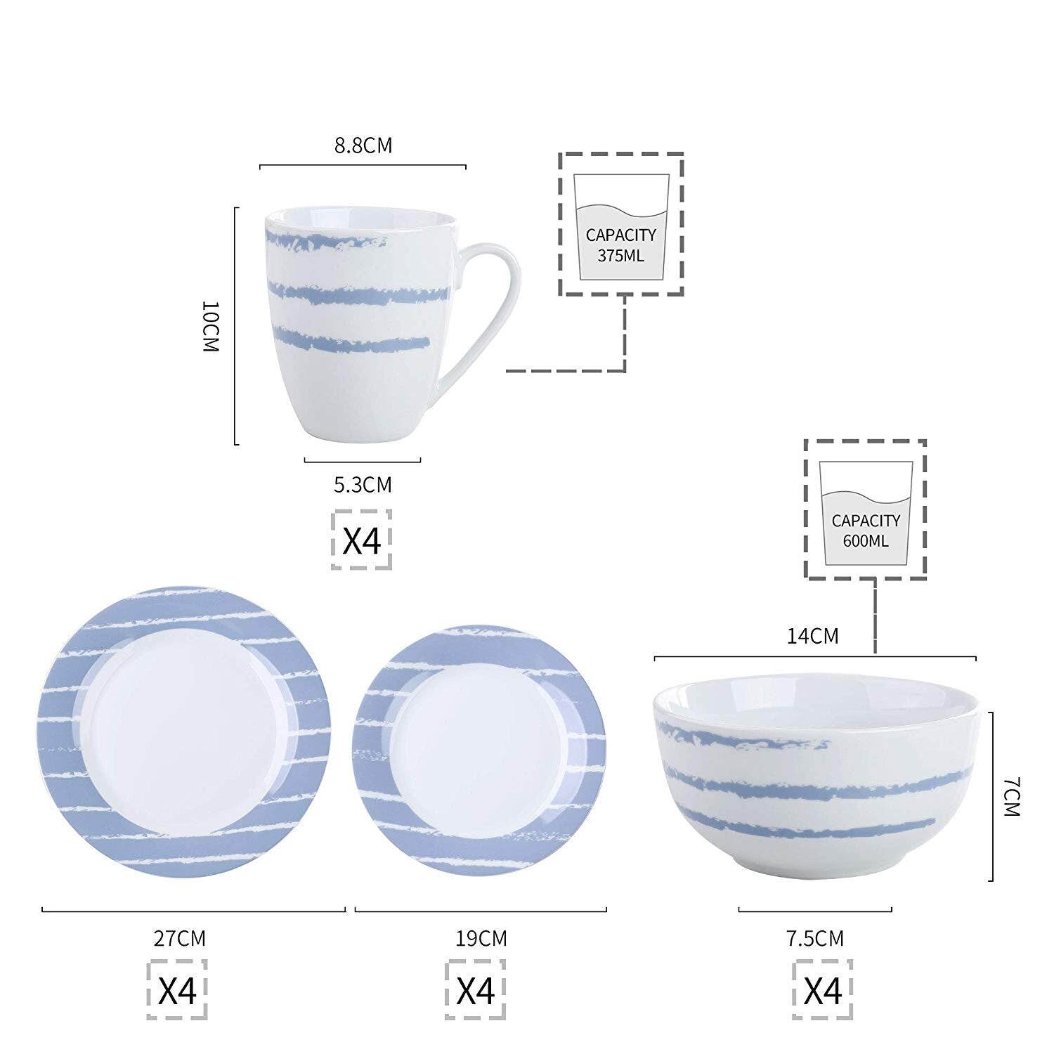 IMANI 32-Piece Porcelain Ceramic Dinnerware Tableware Plate Set with Dinner Plate,Dessert Plate,Cereal Bowl and 380ML Mug - Nordic Side - 32, 380, and, Bowl, Ceramic, Dinner, Dinnerware, IMAN