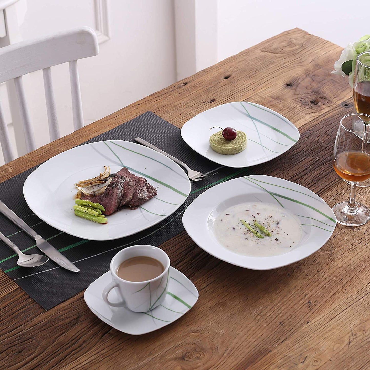 AVIVA 30-Piece Kitchen Green Line Porcelain China Ceramic Plate Set with Dessert Plate,Soup Plate,Dinner Plate,Cup&Saucer - Nordic Side - 30, AVIVA, Ceramic, China, Dessert, Green, Kitchen, L