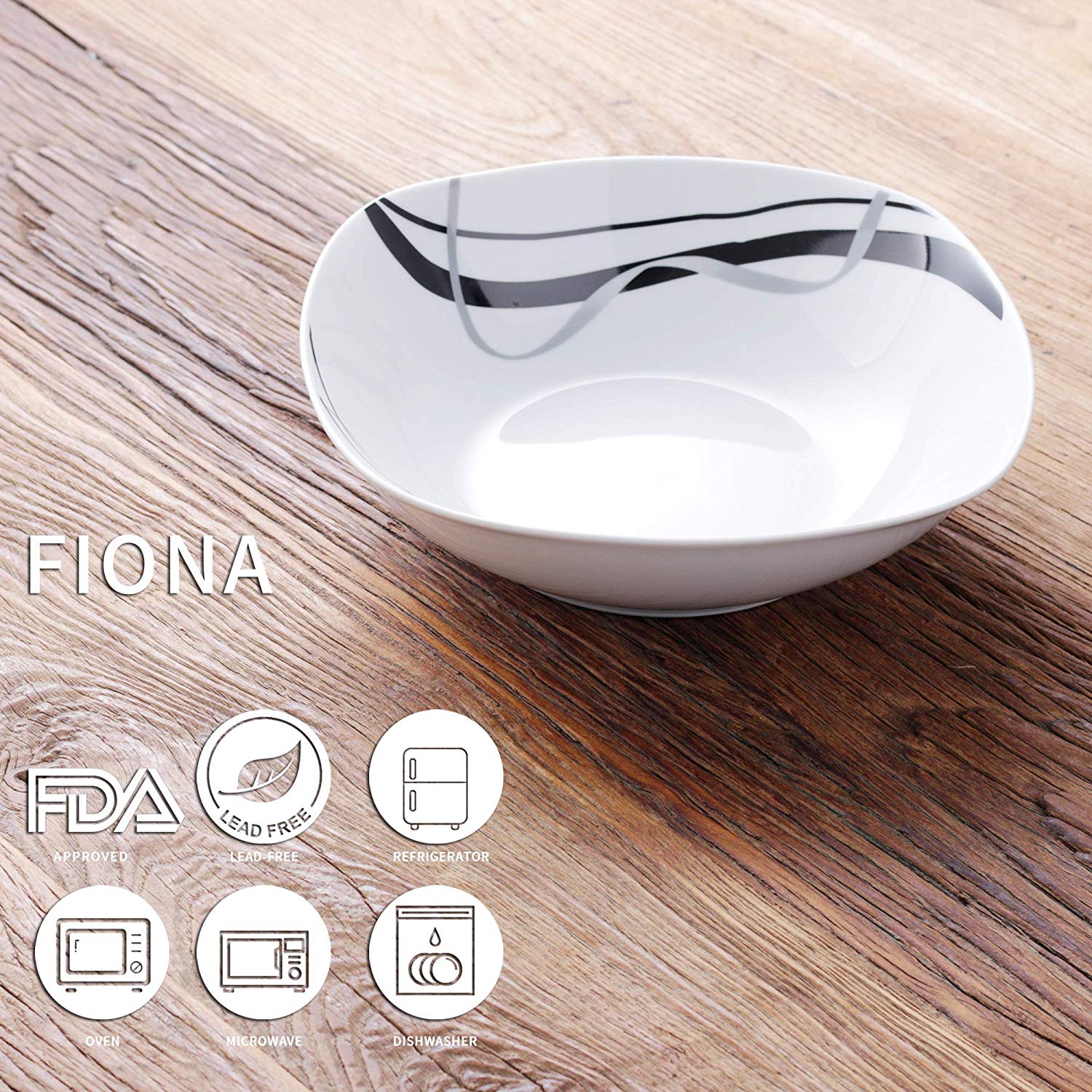 4-Piece 9" FIONA Ivory White Porcelain Black Lines Fruit & Salad Bowl (1050 ML) - Nordic Side - 1050, Black, Bowl, DishesSoupDessert, FIONA, for, Fruit, Ivory, Lines, ML, Piece, Porcelain, Sa