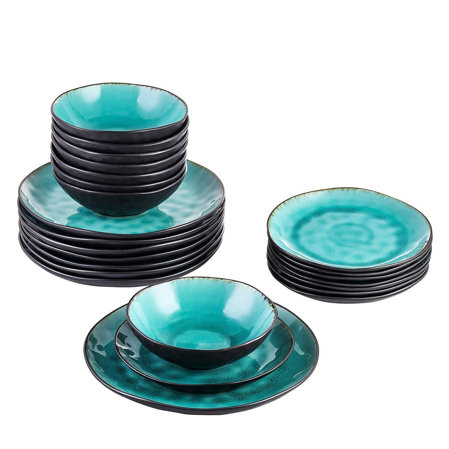 Bonita 24-Piece Pottery Stoneware Vintage Look Dinnerware Set - Nordic Side - 24, Aqua, Ceramic, Dinner, Dinnerware, Green, Look, Piece, PlateBowl, PlateDessert, Pottery, Set, Stoneware, VANC