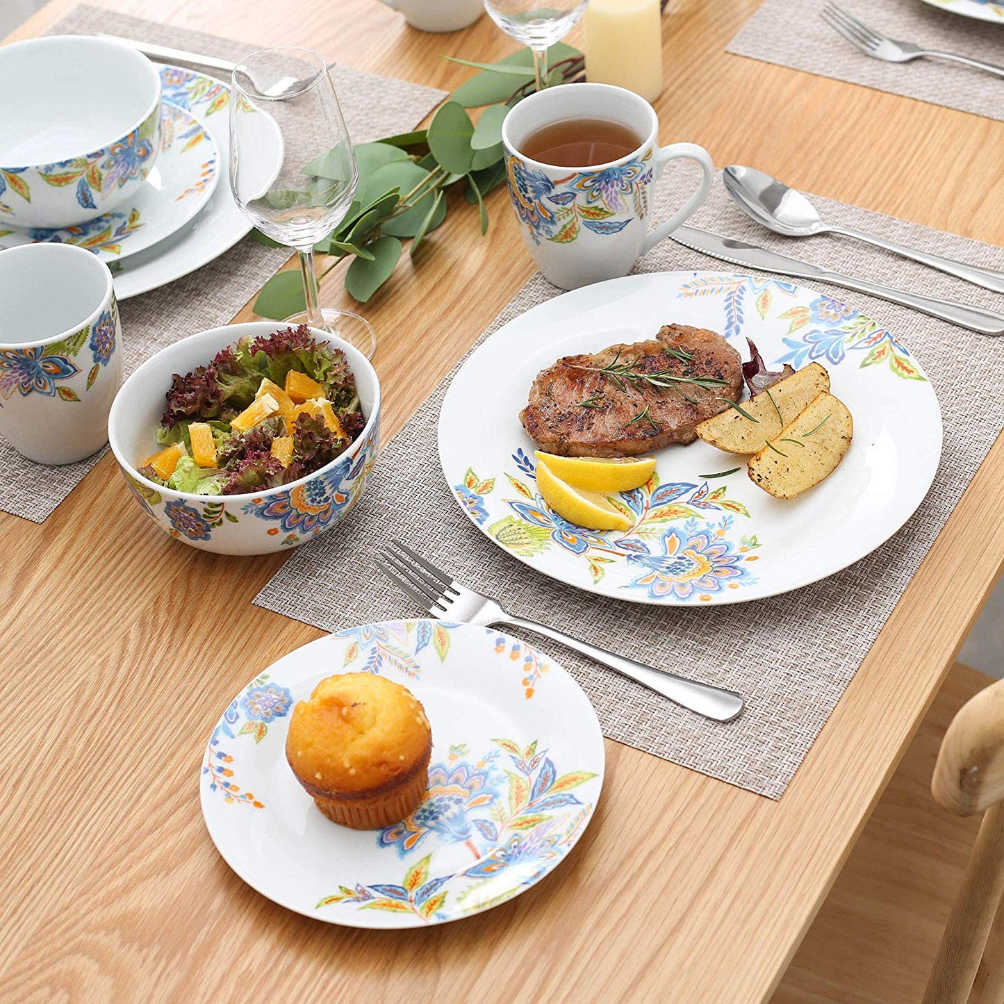 HALLIE 16-Piece Porcelain Ceramic Dinnerware Tableware Set with 4*Dinner Plate,Dessert Plate,Cereal Bowl,380ML Mug Set - Nordic Side - 16, 380, Bowl, Ceramic, Dinner, Dinnerware, HALLIE, ML, 