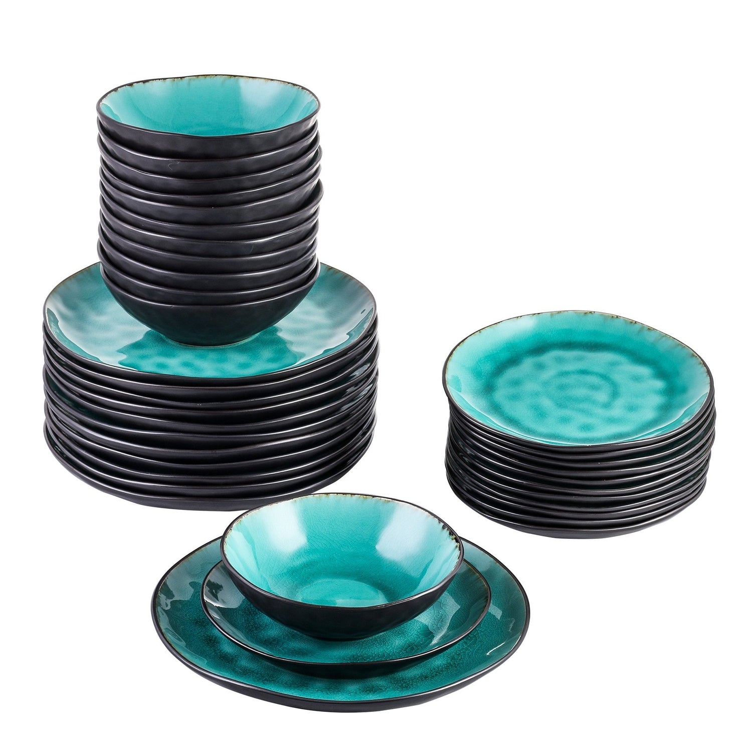 Bonita 36-Piece Pottery Stoneware Vintage Look Ceramic Green Dinnerware Set - Nordic Side - 12, 36, Aqua, Ceramic, Dinner, Dinnerware, Green, Look, Piece, PlateBowl, PlateDessert, Pottery, Se