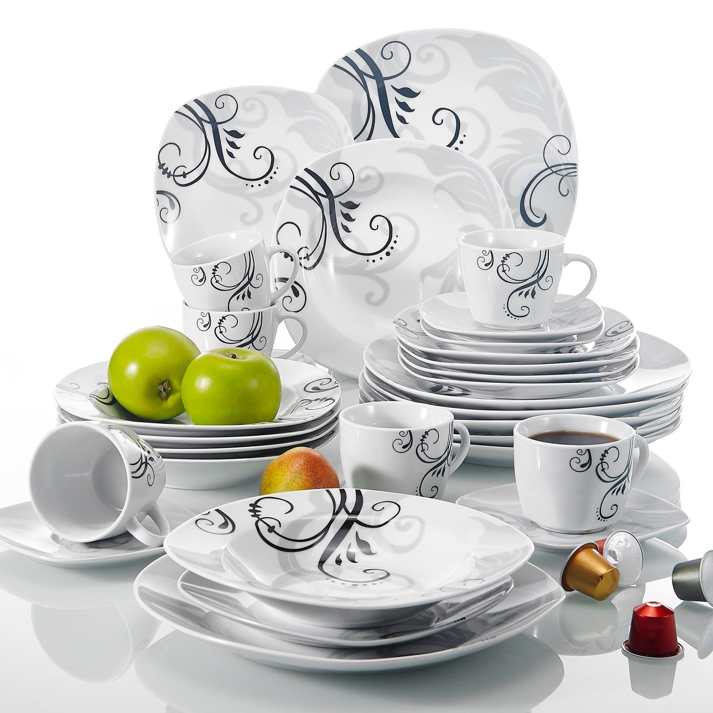 Zoey 30-Piece Black Decals Ceramic Dinner Set | Dinnerware | NordicAbode.com