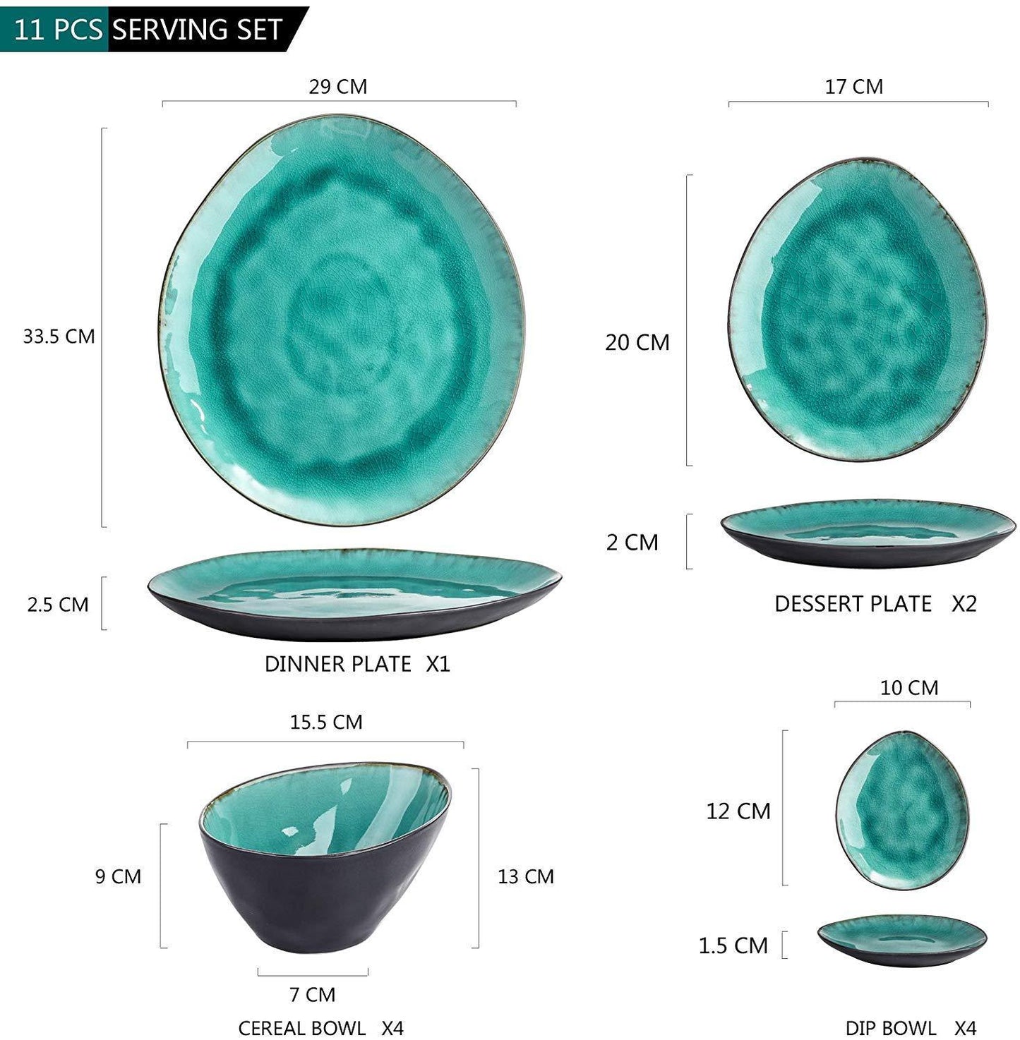 Bonita 11-Piece Pottery Stoneware Vintage Ceramic Dinner Set - Nordic Side - 11, Aqua, Ceramic, Dessert, Dinner, Dipping, DishesBowl, Piece, Plate, Pottery, Set, Stoneware, VANCASSO, Vintage,