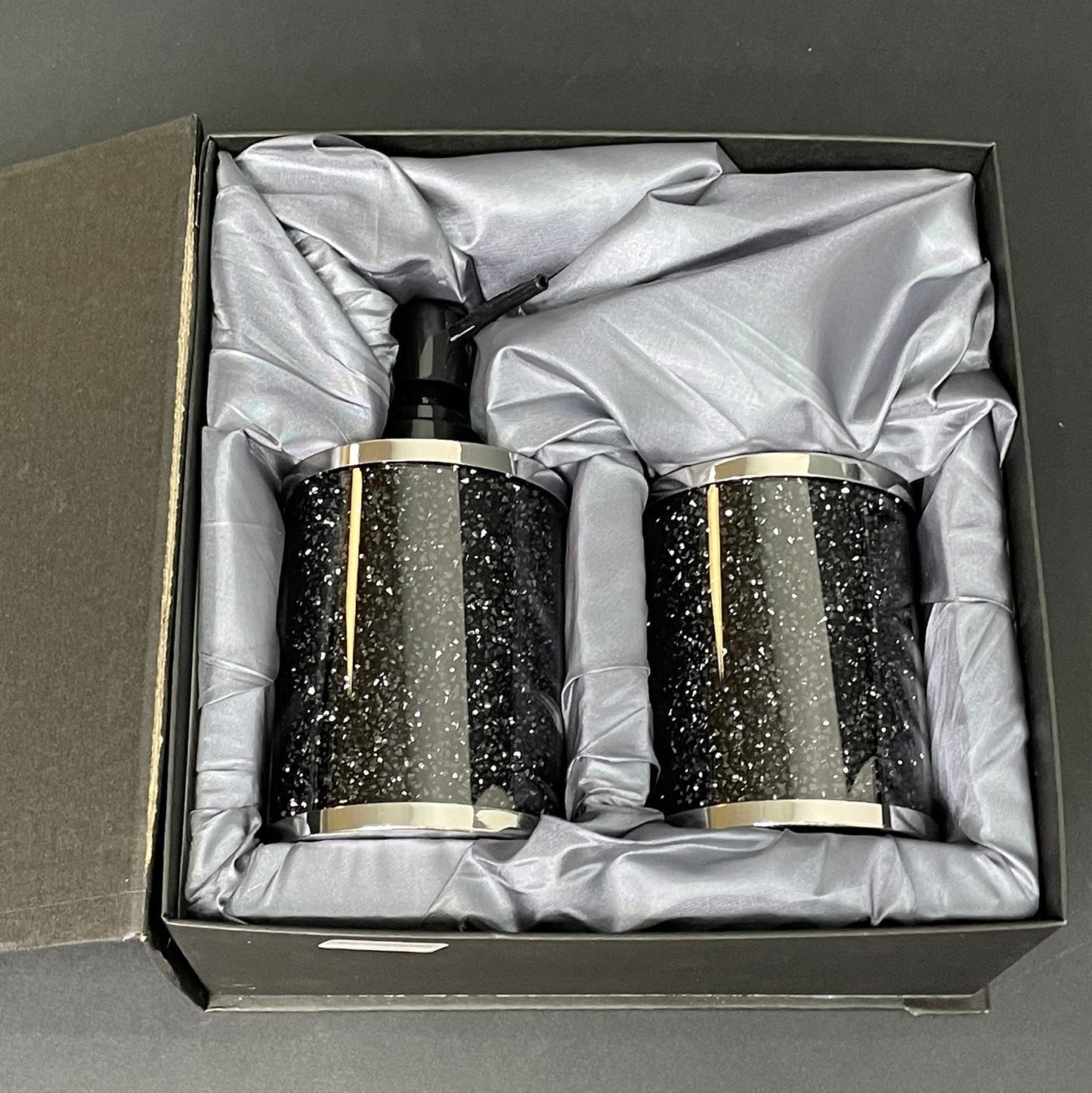 Black Crushed Diamond Soap Dispenser and Toothbrush Holder with Tray