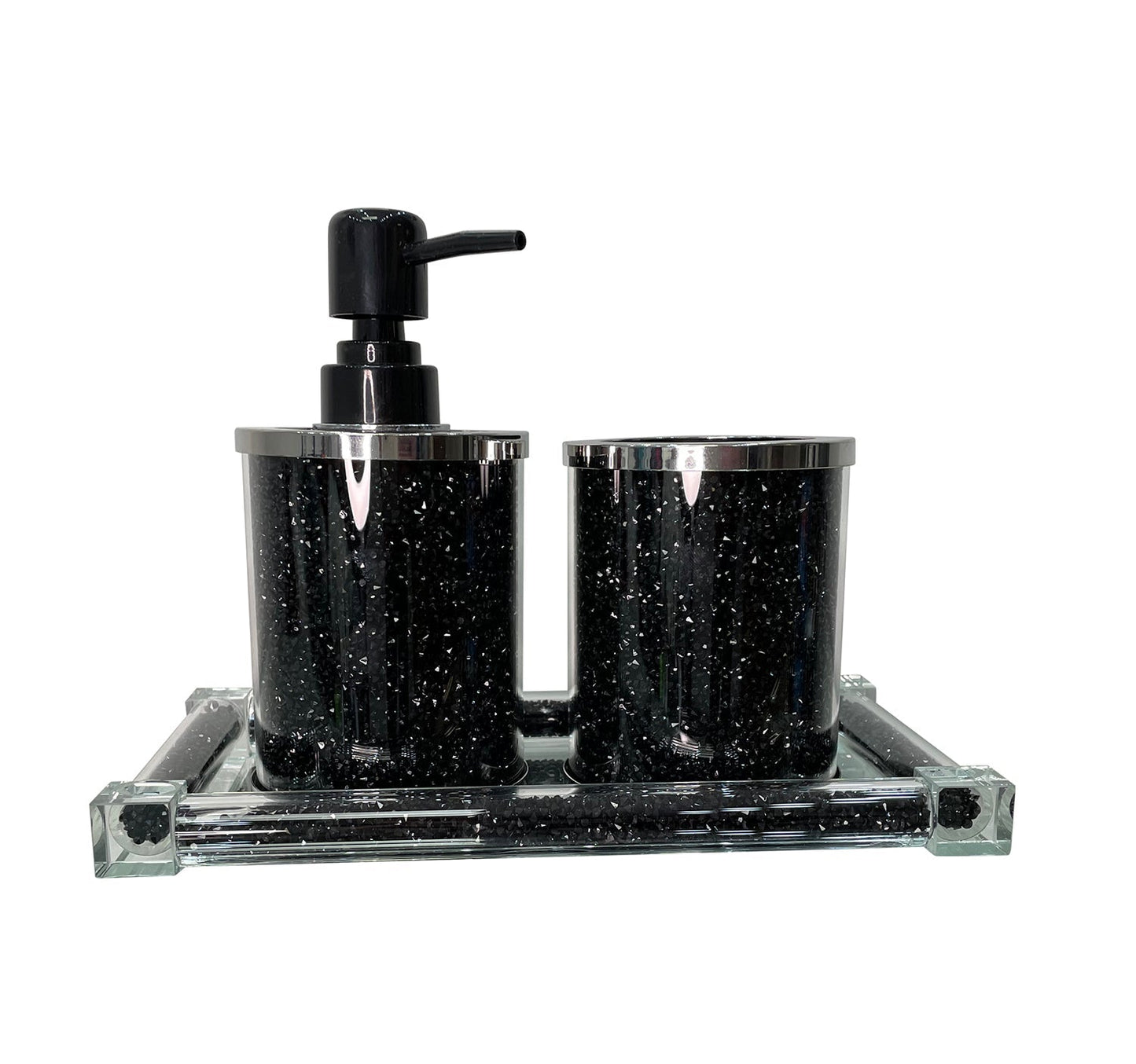 Black Crushed Diamond Soap Dispenser and Toothbrush Holder with Tray