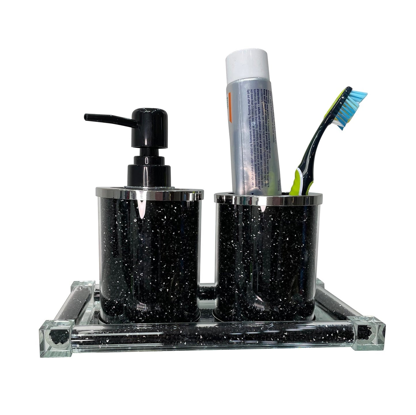 Black Crushed Diamond Soap Dispenser and Toothbrush Holder with Tray