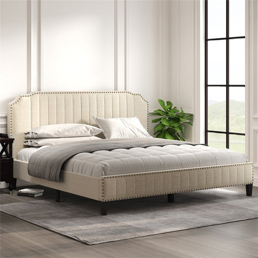 Modern Linen Curved Upholstered Platform Bed