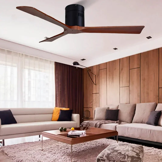 Modern Flush-Mounted Ceiling Fan with 3 Wooden Blades | 52''