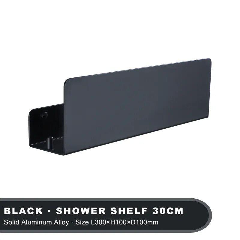 Black Aluminum Bathroom Organizer Shelf With Hooks