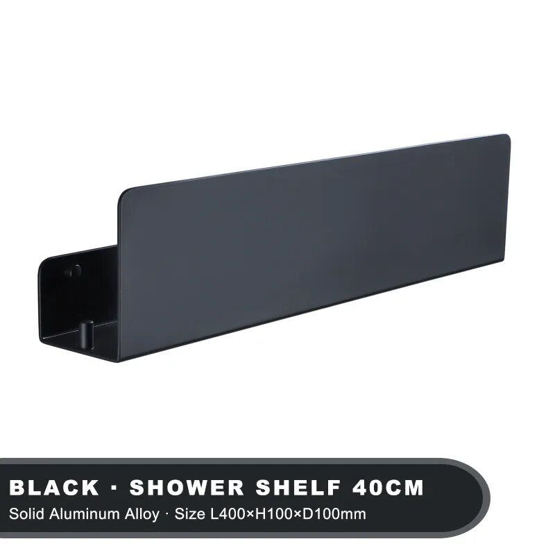 Black Aluminum Bathroom Organizer Shelf With Hooks