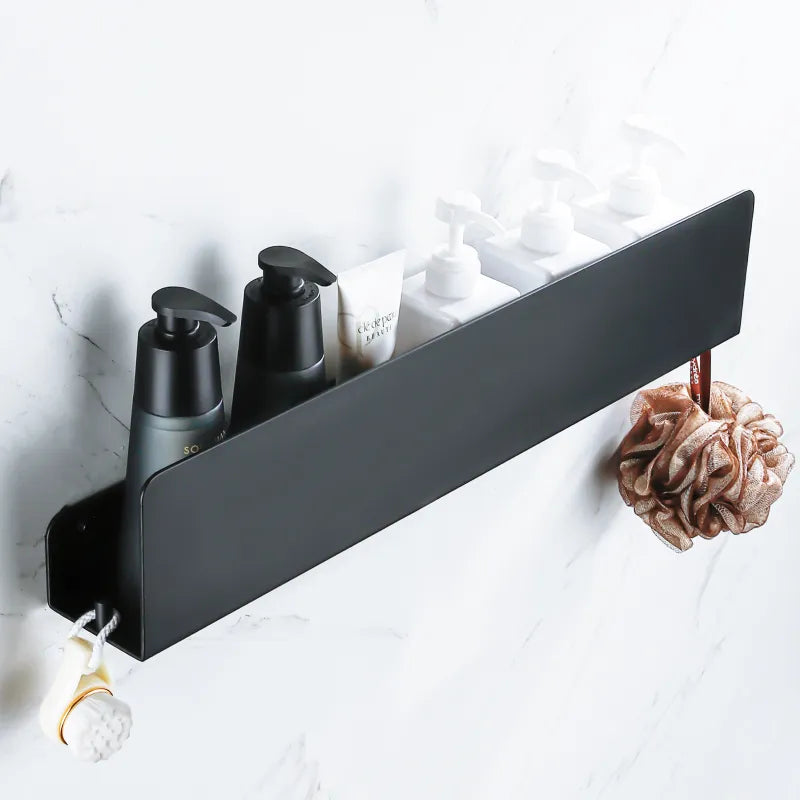 Black Aluminum Bathroom Organizer Shelf With Hooks