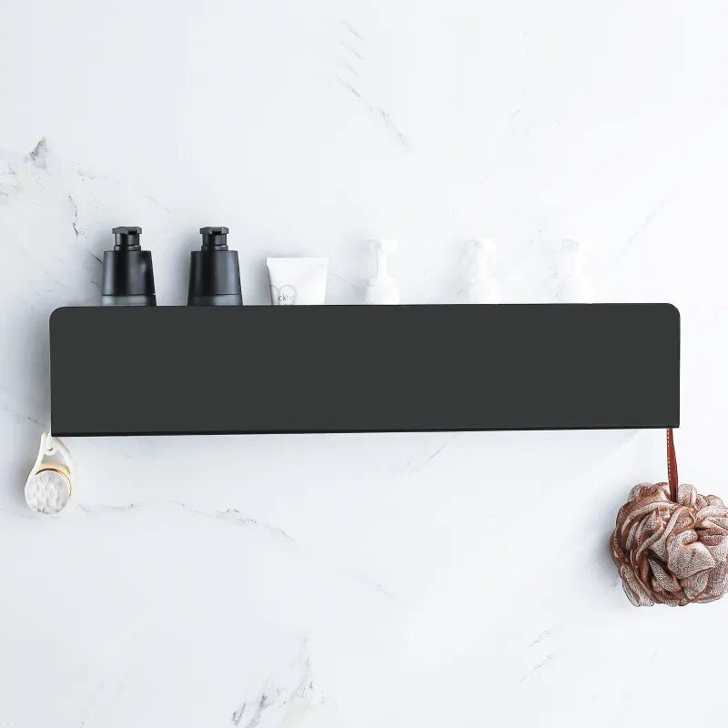 Black Aluminum Bathroom Organizer Shelf With Hooks