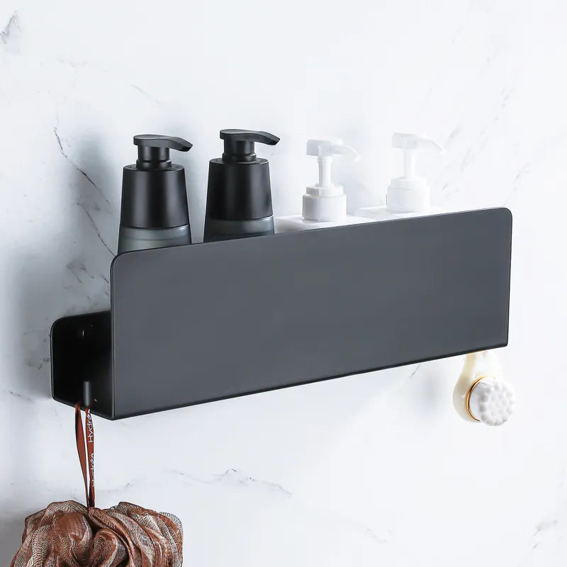 Black Aluminum Bathroom Organizer Shelf With Hooks