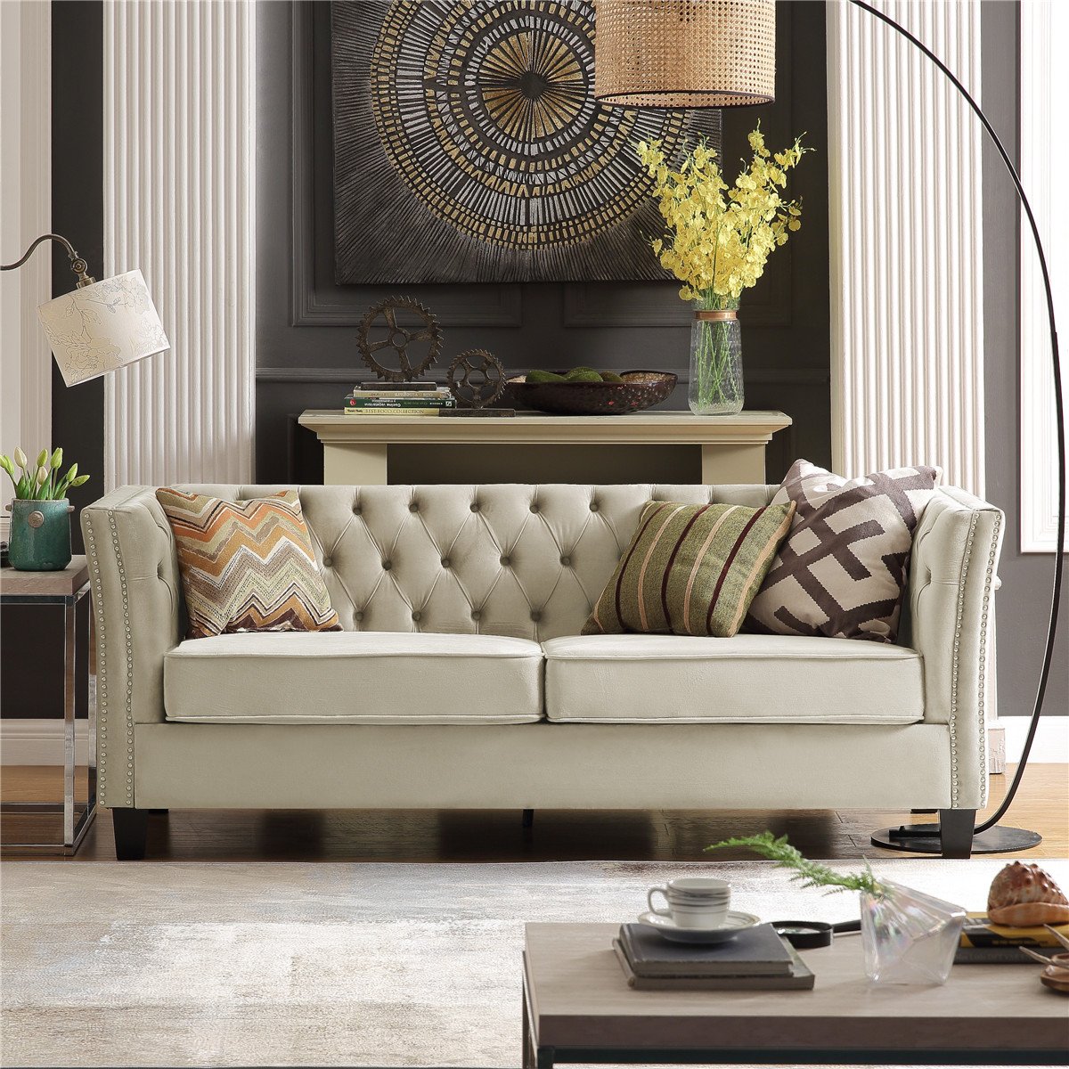 Tufted Living Room Sofa Set with Nailheads