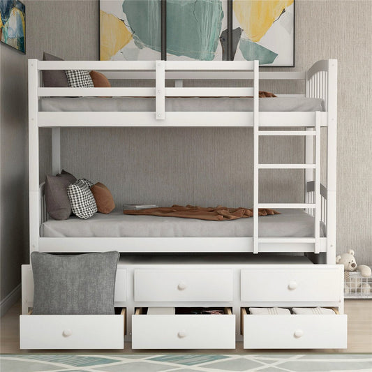 Twin Bunk Bed with Ladder | Safety Rail  | Twin Trundle Bed with 3 Drawers