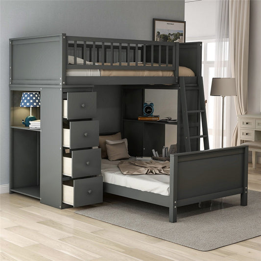 Twin Over Twin Bed with Drawers and Shelves