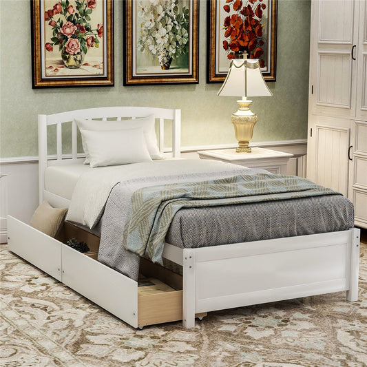 Twin Platform Storage Bed Wood Bed Frame with Two Drawers and Headboard White