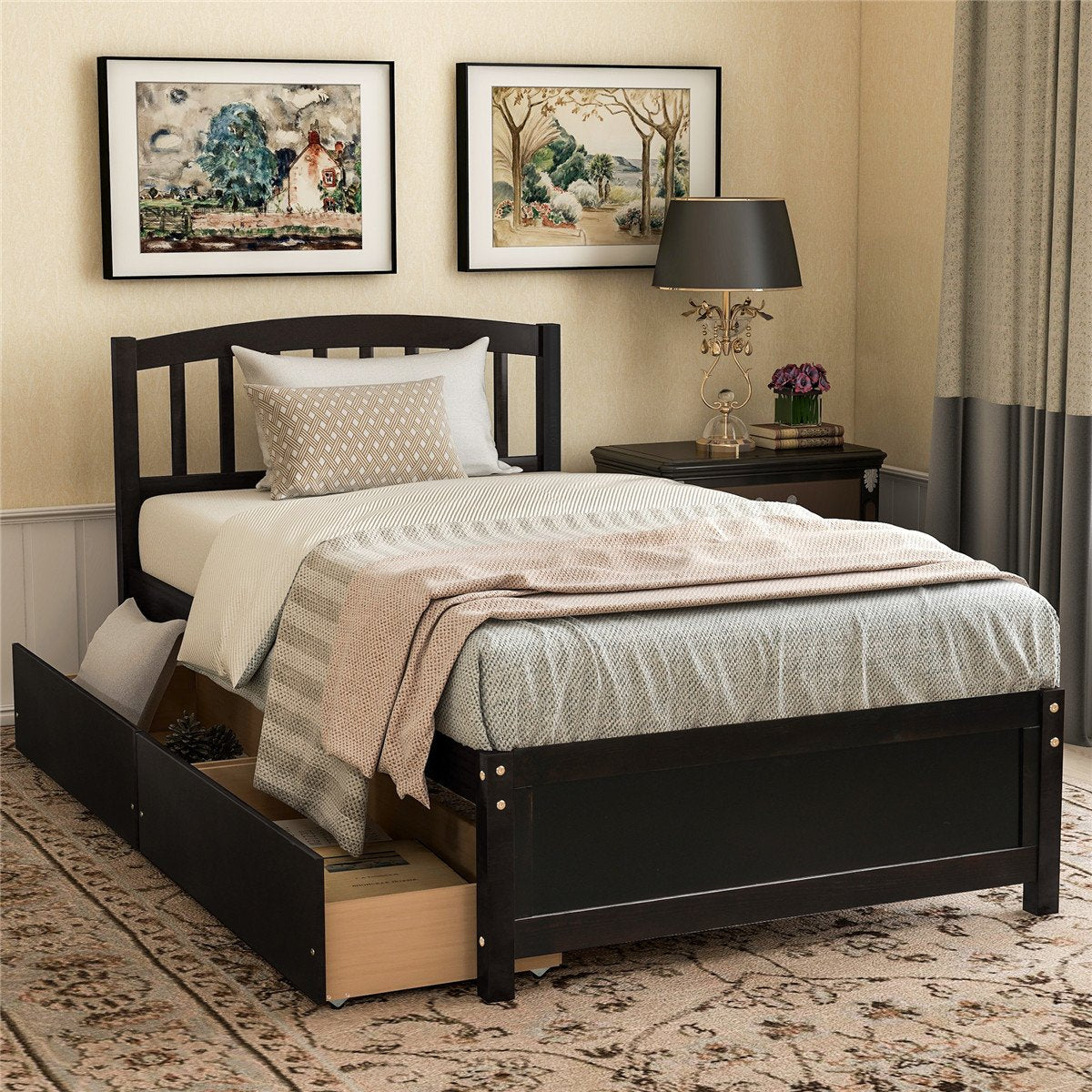 Twin Platform Storage Bed Wood Bed Frame with Two Drawers and Headboard