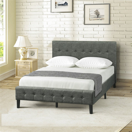 Upholstered Platform Bed with Wooden Slat Support and Tufted Headboard and Footboard