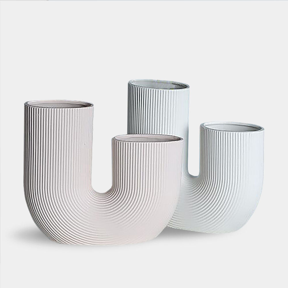 U-shaped ribbed ceramic vases