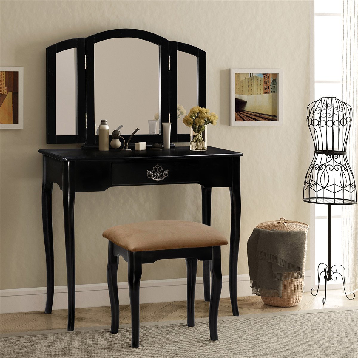 Vanity Set Make-up Dressing Table with Mirror and Cushioned Stool